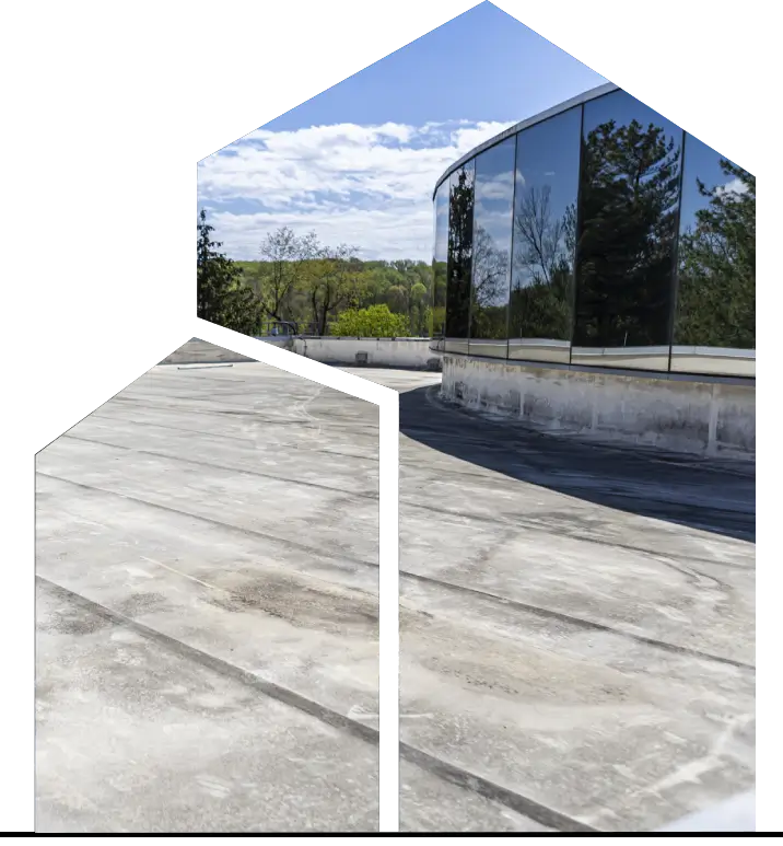 Overview of commercial flat roofing solutions during a commercial roof inspection by J. Smucker Contracting