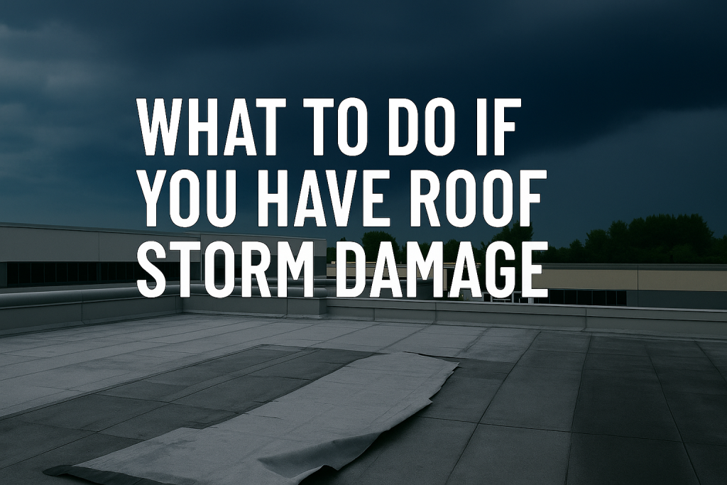 An image of a damaged commercial roof with a text overlay saying "What to do if you have roof storm damage"