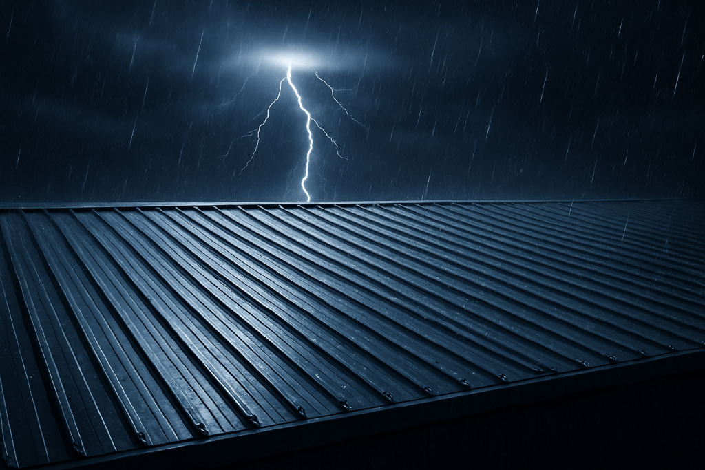 A metal roof during a storm in reference to the question "Do metal roofs attract lightning?"